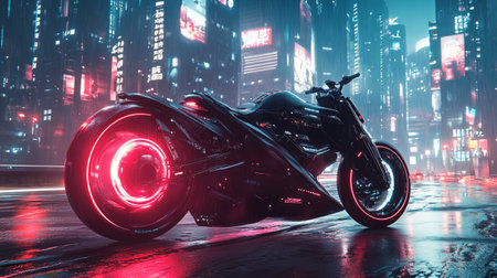 3D rendering of a futuristic motorcycle in the city with neon lightsの写真素材