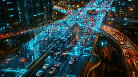 3D rendering of high-speed traffic in a city at nightの写真素材