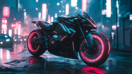 Close-up of a motorcycle on the road at night in the rainの写真素材