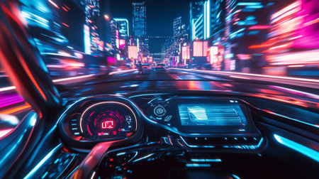 View from the inside of a car on the road with motion blurの写真素材