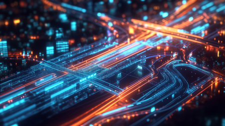 3d illustration of futuristic city with neon lights. Technology concept.