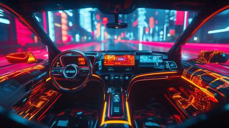 View from inside of a modern car in the night with light trailsの写真素材