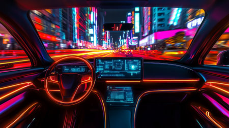 View from the inside of a car moving fast at night. Concept of fast driving.の写真素材