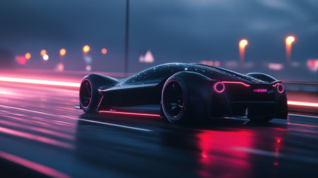 3D rendering of a sports concept car on the road at nightの写真素材