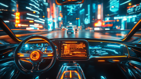 View from inside the car on the road with motion blur and lights.の写真素材