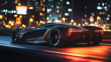 Black sport car on the road at night. 3d rendering.