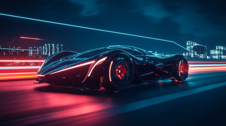 Black sport car with motion blur on the road. 3d renderingの写真素材