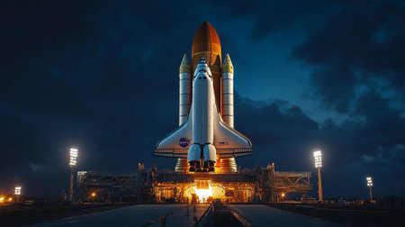 Space shuttle in the night sky. Space exploration and science concept.