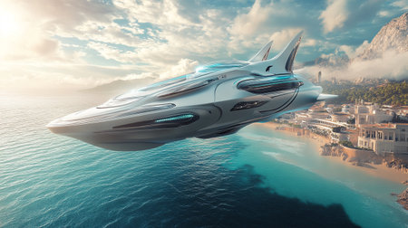 Futuristic spaceship flying over the sea. 3D rendering.