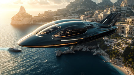 3D CG rendering of a futuristic flying vehicle in the sea.