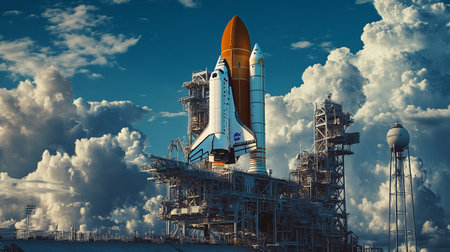 Space Shuttle on the background of the cloudy sky. 3d renderingの写真素材