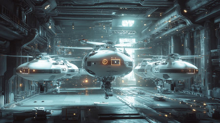 3D rendering of a military helicopter in a space station. Concept of the future.