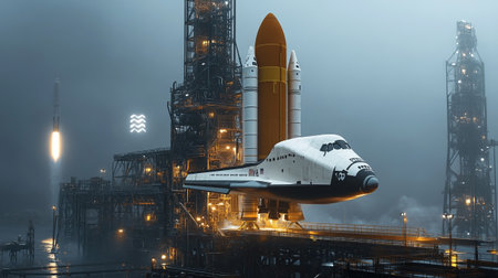 Space Shuttle in a petrochemical plant. 3D Rendering