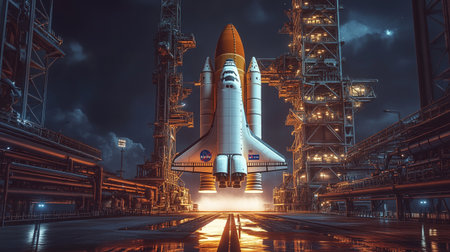 Space Shuttle in a futuristic space station. 3D Rendering.の写真素材