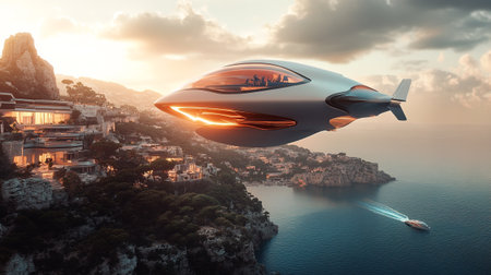 Airship flying in the sky over the sea. 3d rendering