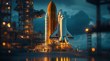 3D Illustration of a Space Shuttle in Front of a refineryの写真素材