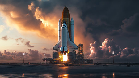 Space Shuttle taking off at sunset. 3D Rendering Illustrationの写真素材