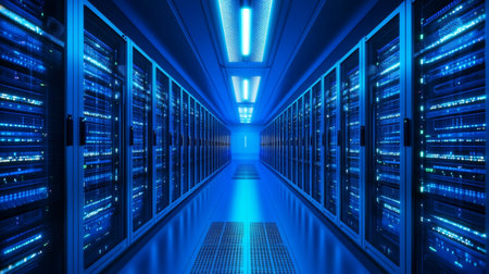 Server room data center. Backup, mining, hosting, mainframe, farm and computer rack with storage...