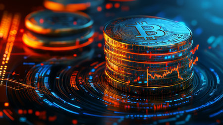 Bitcoin cryptocurrency coin on the background of the cryptocurrency chart. 3D illustration.