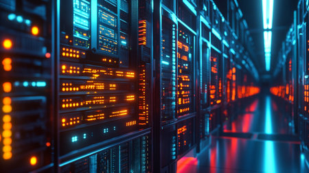 Server room data center. Backup, mining, hosting, mainframe and computer rack with storage...