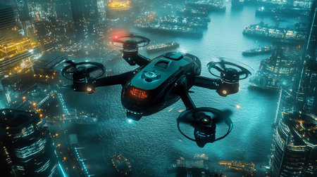 Drone flying over the city. 3d rendering and illustration.