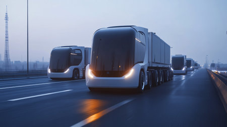 Trucks in motion on the highway. Blurred background.