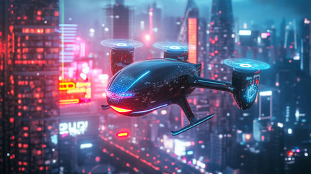 Drone flying over the city at night. 3D Renderingの写真素材