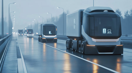 Trucks on the road in the fog. 3d rendering