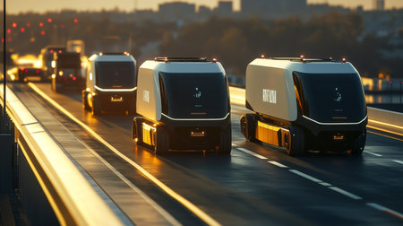 Electric cars on the highway at night. 3D Rendering.の写真素材