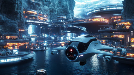 Drone flying over the city. 3d rendering toned image