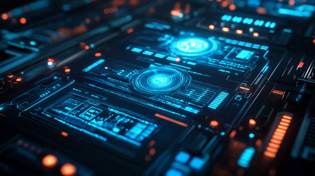 Futuristic HUD interface on dark background 3D rendering toned image
