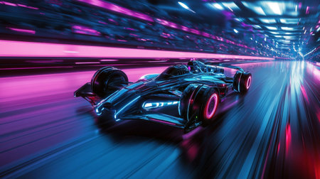 Futuristic race car racing on the road with motion blur background