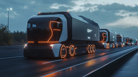 Highway with trucks with glowing headlights. Concept of speed and motion.の写真素材