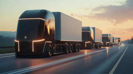 Trucks on the road at sunset. 3D rendering.の写真素材