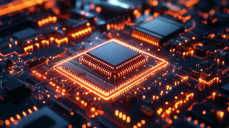 3d rendering of cpu on circuit board in blue and orange light