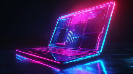 Laptop with blue and pink neon lights. 3d rendering.の写真素材