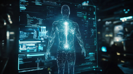 3D rendering of human body with glowing brain hologram over server room background