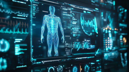 3d rendering of human body and medical science hologram on screenの写真素材