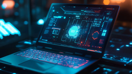 Close-up of a laptop with a holographic screen on the background of the night cityの写真素材