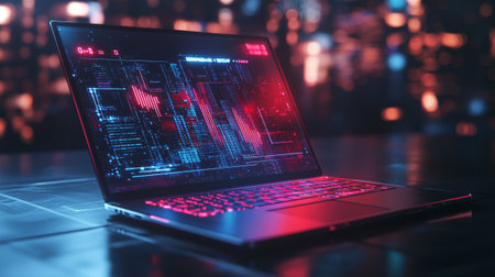 Close up of laptop with red glowing screen on blurry night city background. 3D Renderingの写真素材