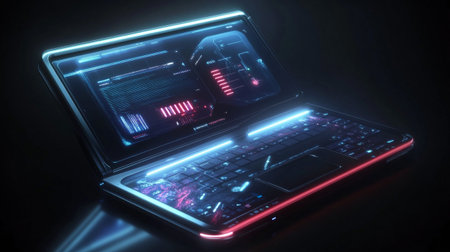 Futuristic Laptop with glowing display on dark background 3D renderingの写真素材