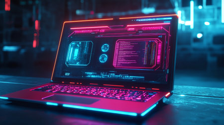 Laptop on the table in a dark room, illuminated by neon lights