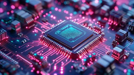 Close-up view of a modern GPU card circuit 3D rendering