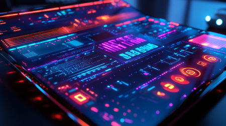 Close-up of a modern DJ mixer with colorful lights. 3D rendering