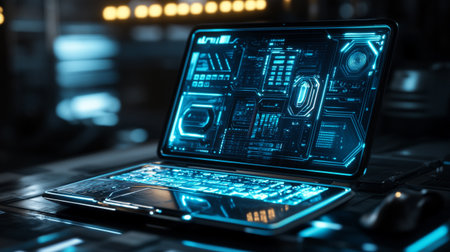 Close up of laptop with glowing business hologram. 3D renderingの写真素材