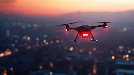 Drone with digital camera flying over the city at sunset. 3d rendering
