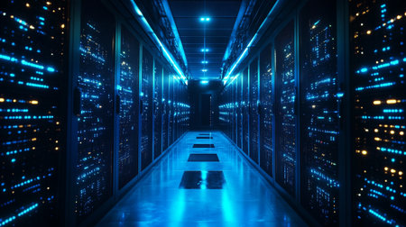 3d rendering server room with blue lights. Computer digital image.