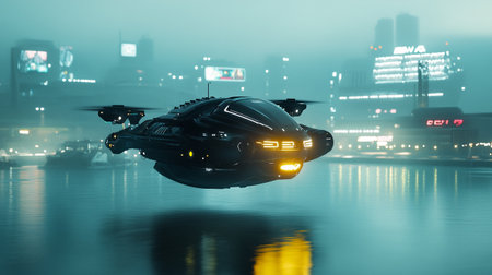 3d illustration of a spaceship flying over the city at night.の写真素材