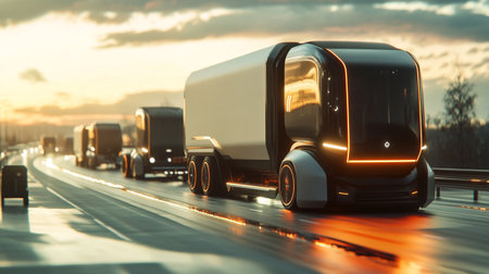 Trucks on the highway at sunset. 3d rendering.の写真素材