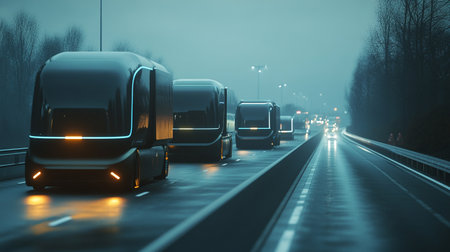 Traffic on the highway in the fog. 3d illustration.